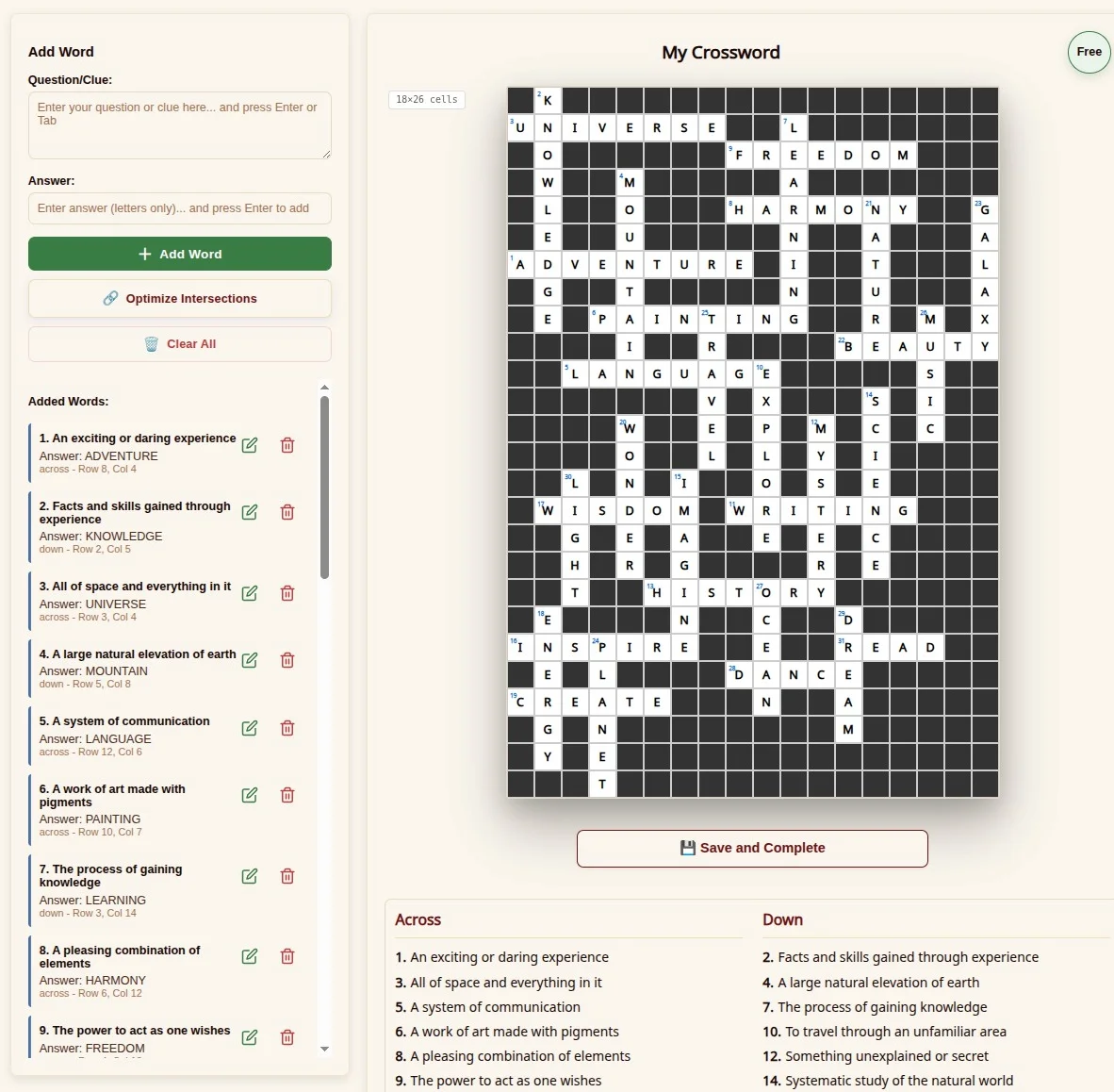 Custom crossword editor building a classic black-and-white printable grid for free